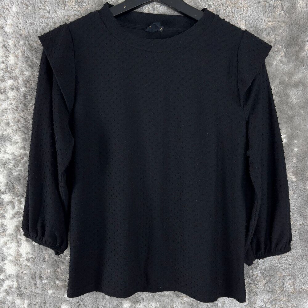 W5 Womens Sz M Textured Casual Round Neck Blouse Black 3/4 Sleeve Shirt Pullover
